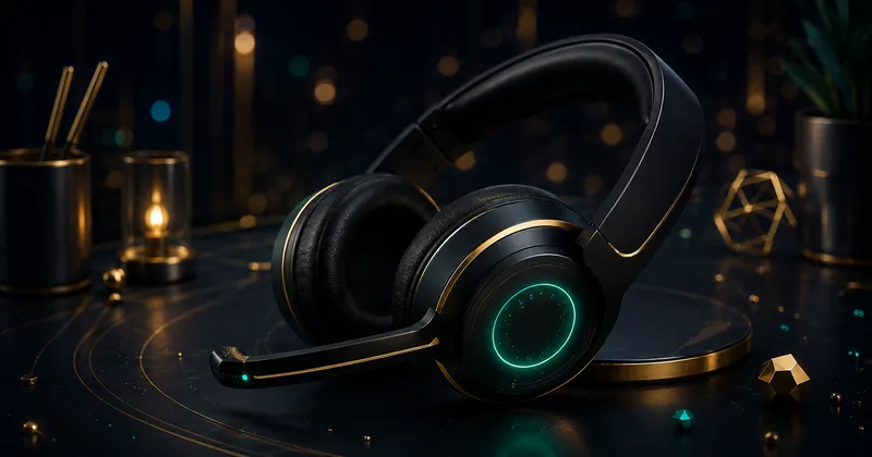 Crown Coins Casino customer support headset on a dark counter, emerald LED indicator — 24/7 service