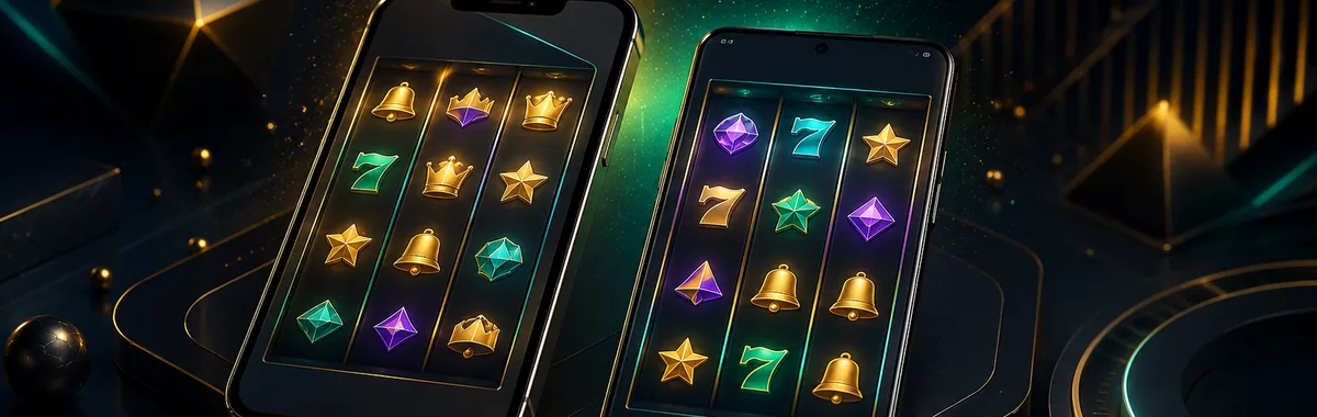 Crown Coins Casino app on iPhone and Android phones — slot reels glowing on both screens