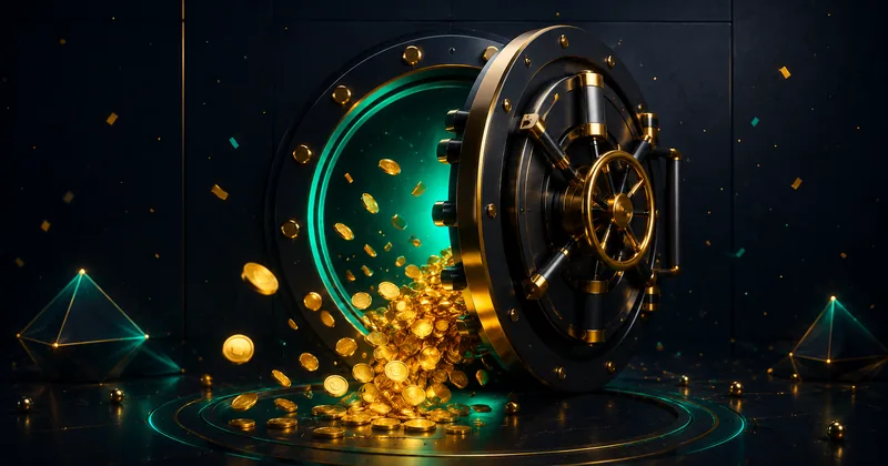 Crown Coins Casino vault door slightly open with golden coins spilling out — Sweep Coin coinback visualisation